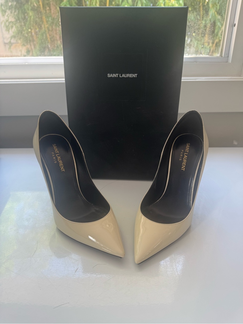 Saint Laurent Cream Patent Pointed-Toe Pumps size 38